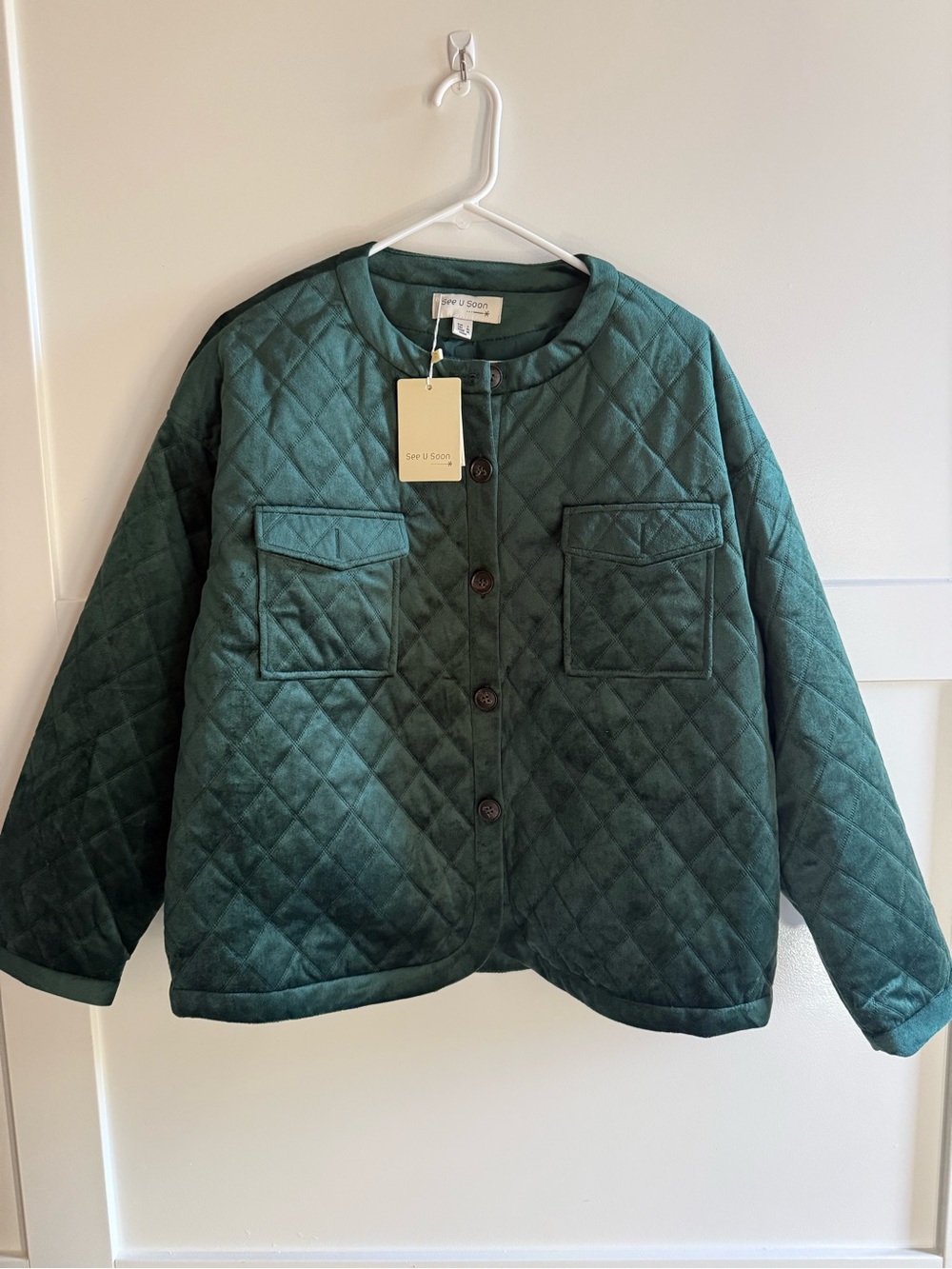 NWT XL Holiday Green Quilted Button Blazer/Jacket Velvet Two Flap Pockets